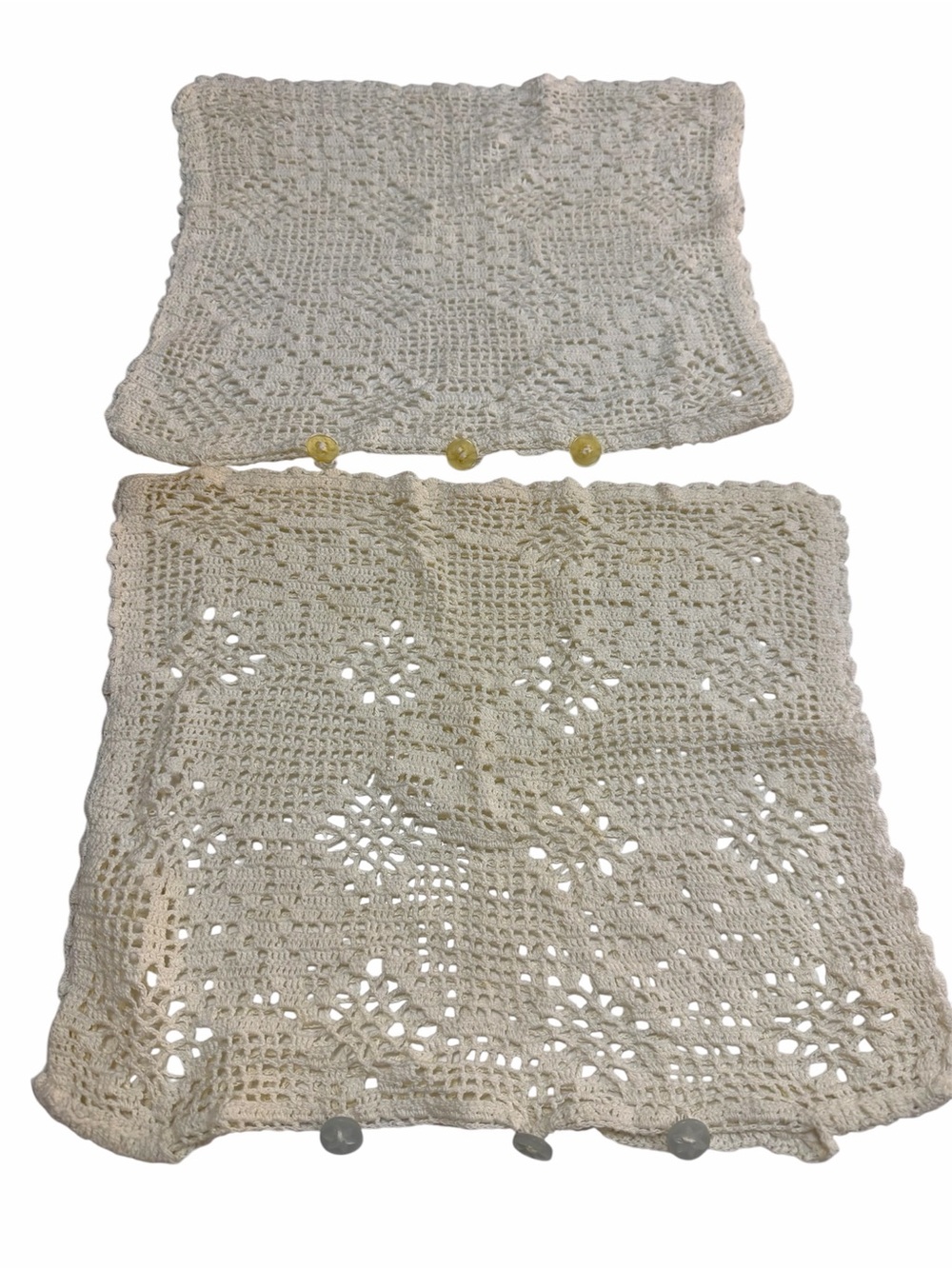 Vintage 80s Crochet Ivory Square Doilies Set of 2 Button Closure, Easter Europe